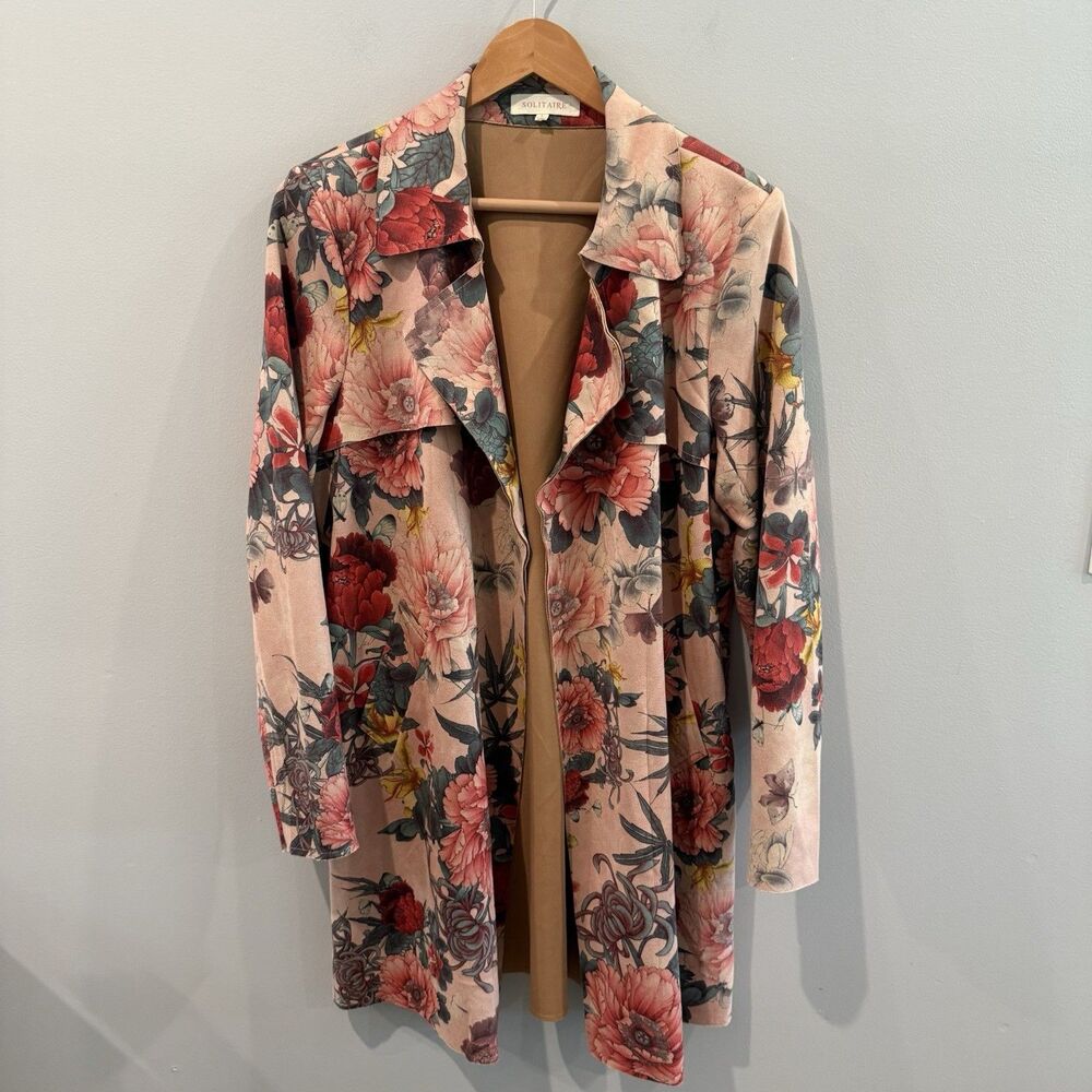 Anthropologie Solitaire Floral Boho Faux Suede Jacket Trench Coat Pink Open L